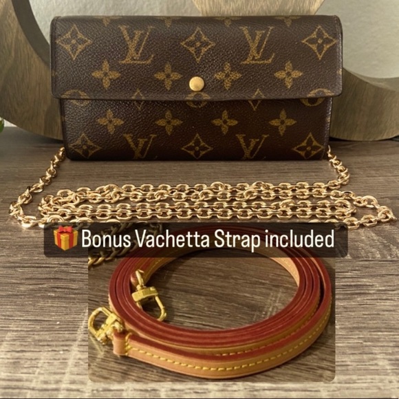 ⚜️Louis Vuitton Monogram Pochette Wallet Crossbody Chain + Vachetta Strap WOC - Picture 2 of 15